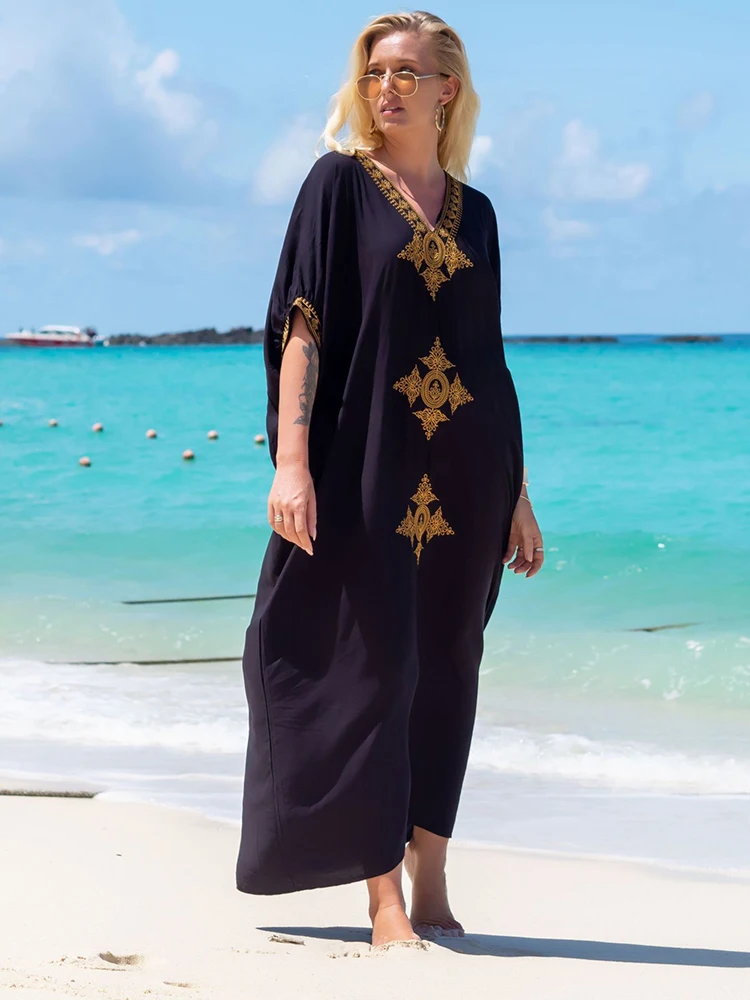 

New Black Boho Dress Swimsuit Cover Up Rayon Gold Embroidery Elegant Maxi Dress 2024 Sarong Robe Plage Kaftan Beachwear Pareo