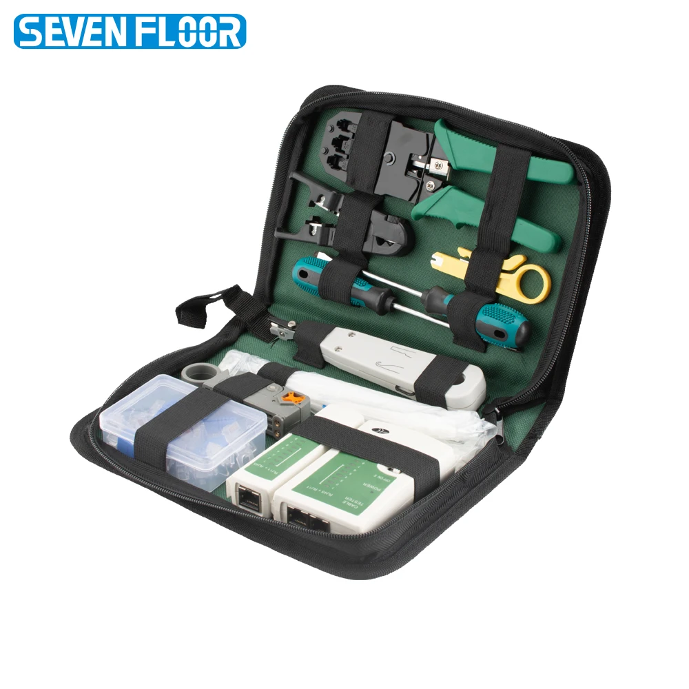 

RJ45 Crimping Tool Kit 8P6P4P Cat5 Crimper Network Tester Krone Punch Down Tool Strippers Screwdrivers Tool Bag Connectors Plugs