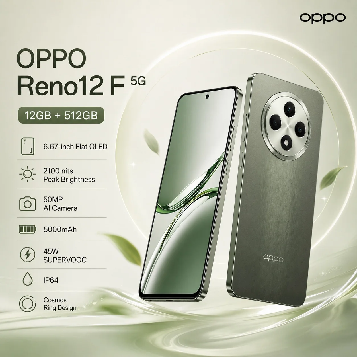 2026 new OPPO Reno12 F 5G Mobile Phone 12GB+512GB, 120Hz OLED, 50MP Triple Camera, 32MP Selfie, Dimensity 6300, 5000mAh, NFC