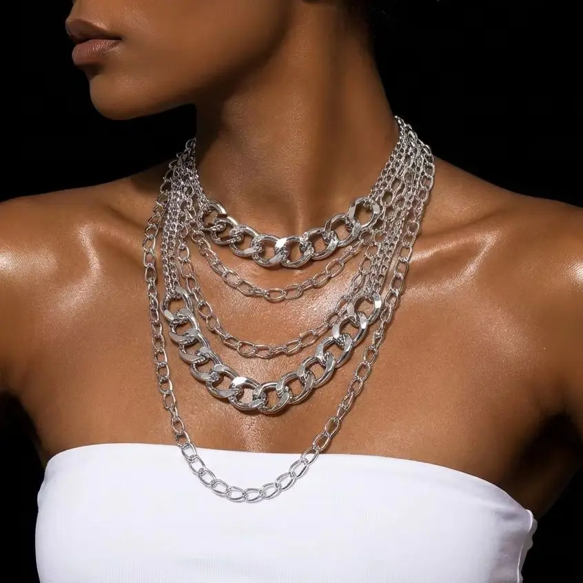 Klobige Mehrschichtige Kettenkette für Damen und Herren, Punk Hip-Hop Statement-Halskette, Gestapelte Choker-Kette, Übertriebene Streetwear-Accessoires