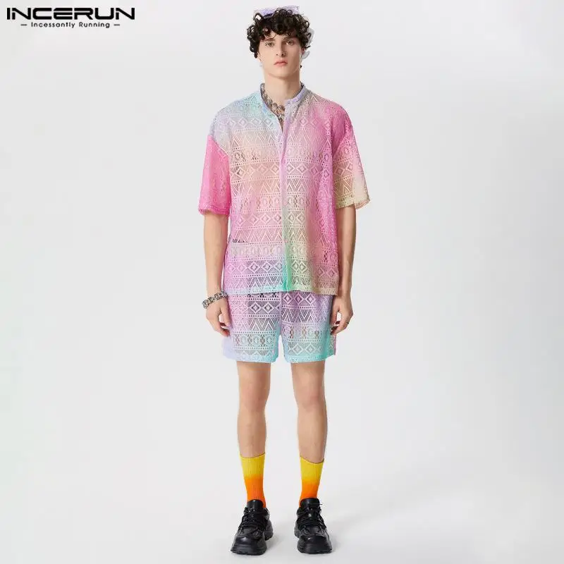 INCERUN Men Sets Lace Transparent Tie Dye Gradient Lapel Short Sleeve Shirt & Shorts 2PCS Streetwear 2024 Fashion Men\'s Suits