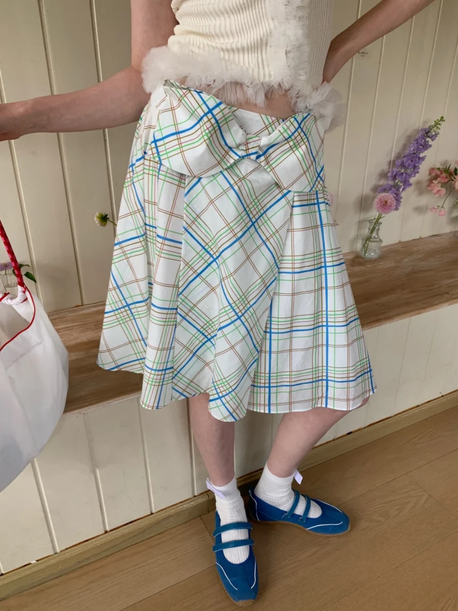 

French Sle Cotton Printed Skirt with Large Bowknot A-Line f-length Breathable Comfortable for Daily Wear Summer Fre