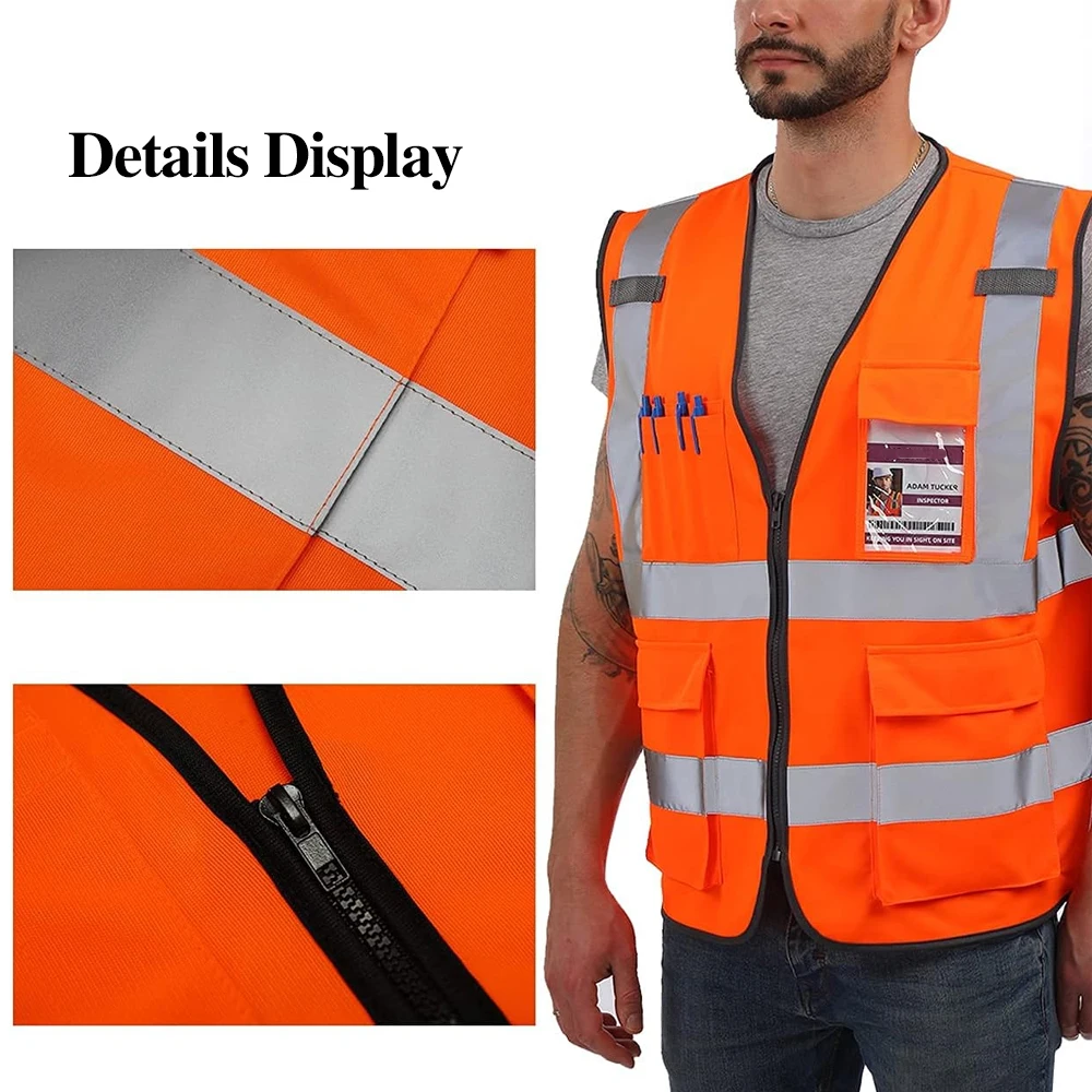 Chalecos reflectantes de seguridad para el trabajo, ropa de trabajo Industrial de alta visibilidad con bolsillos y cremallera, color naranja, hivis