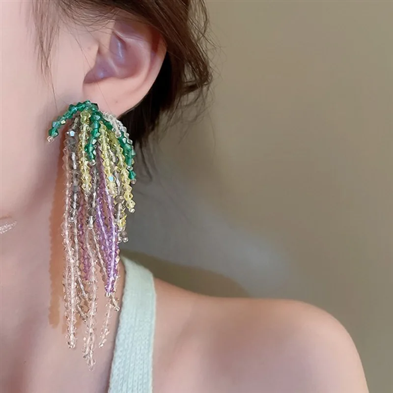 Multi Color Glass Tassel Post Earrings For Women Fashion Jewelry Heavy Trendy New Style Holiday Accessories Wholesale Gift C1715