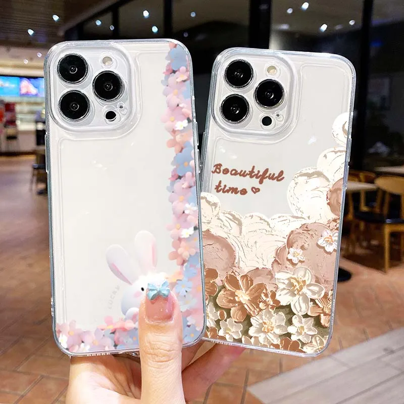 

Flower Rabbit Butterfly Luxury Phone Case For Apple iPhone 17 16 15 14 13 12 11 Air Pro Max Plus Mini Transparent Soft