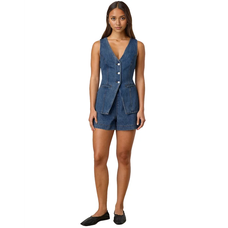 ABRT-ผู้หญิง DENIM 2 ชิ้นชุดลําลอง V คอ Jean เสื้อกั๊กเสื้อและกางเกงขาสั้นเอวสูงชุด tracksuits