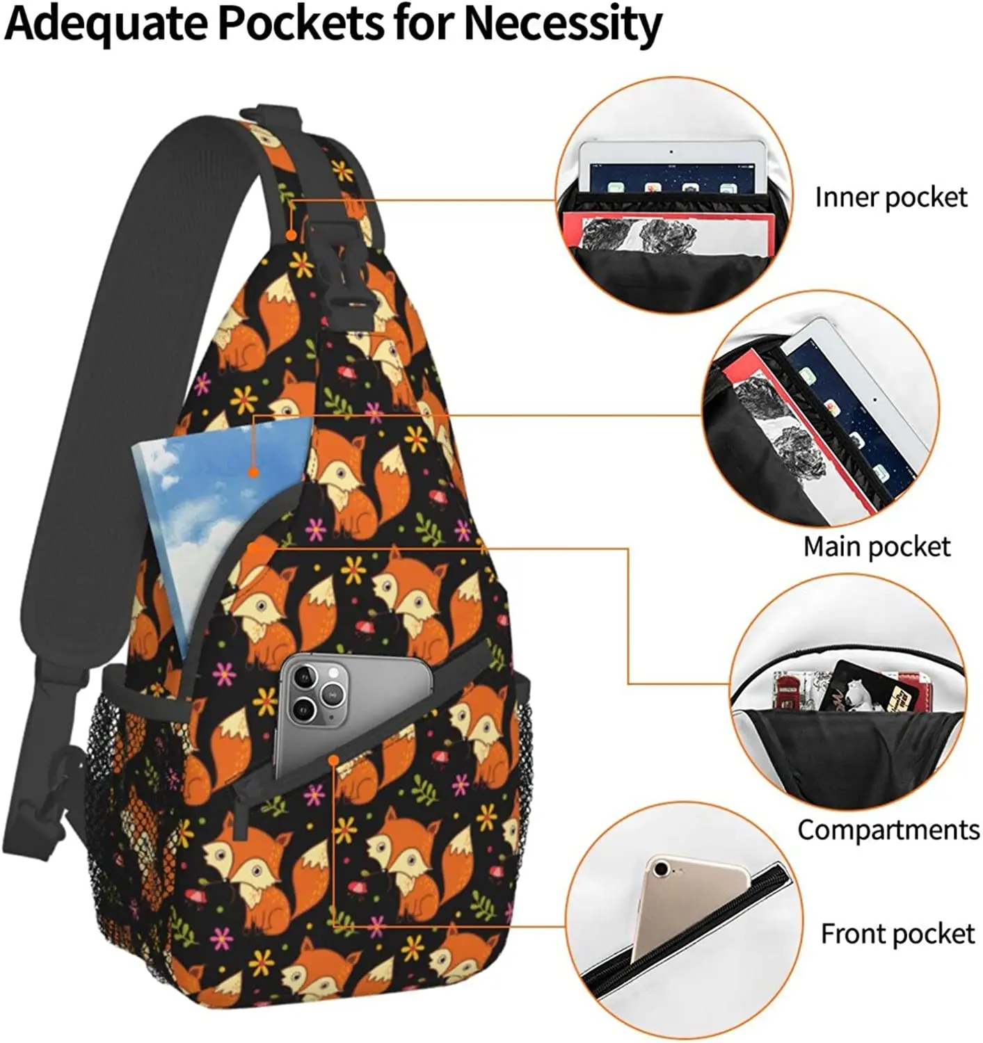 Cute Fox Sling Backpack, Multipurpose Crossbody Shoulder Bag Travel Hiking Daypack For Men Women