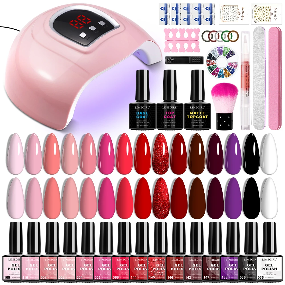 

15PCS Gel Nail Polish Set 8ML Glitter Gel with Base Coat Top Coat and Drying Lamp for Manicure Salon/Home Professional Tools Kit