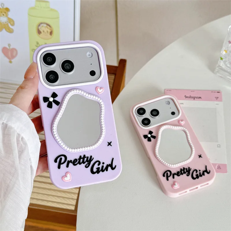 Luxury 3D Bowknot Love Heart irregular MakeUp Mirror Phone Case For iPhone 17 15 16 14 13 18 Pro Max Shockproof Protective Cover