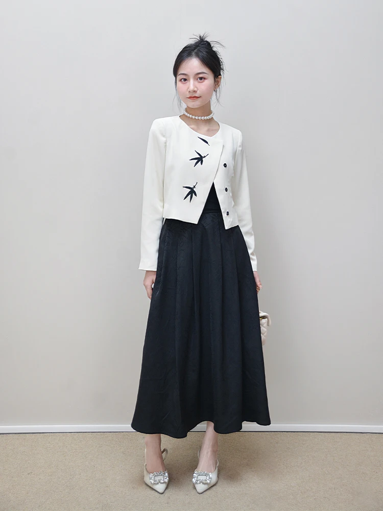 

Spring 2024 Bamboo Flower Design Faionable mat Women's Set Zen Chinese Sle Long Sve round Ne Zipper Closure