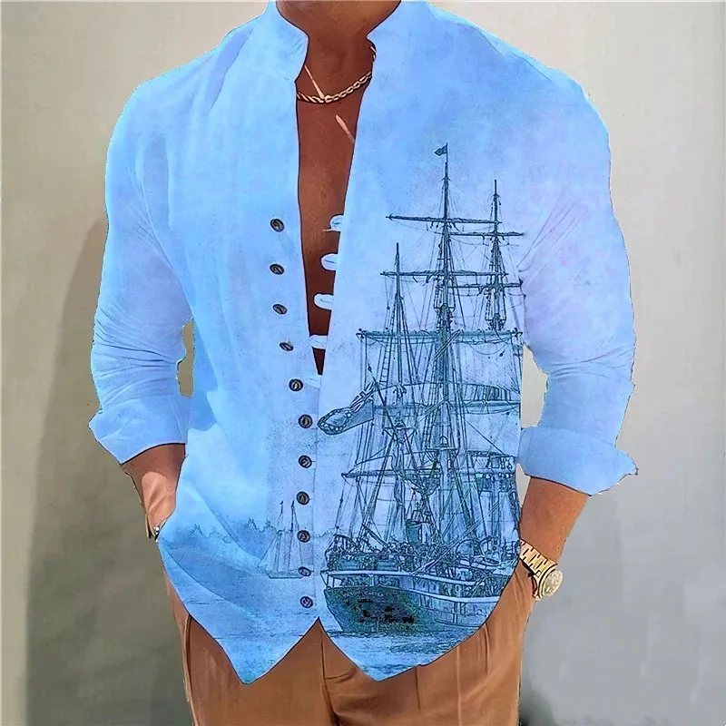 2024 Autumn/winter New Fashion Men\'s Sailing Print Business Slim Casual Shirt Long Sleeve Shirt