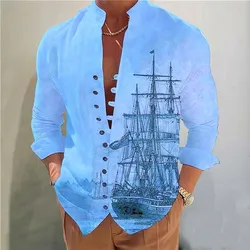 Camisa de negócios justa manga longa masculina, estampa de vela, moda casual, novo, outono, inverno, 2022