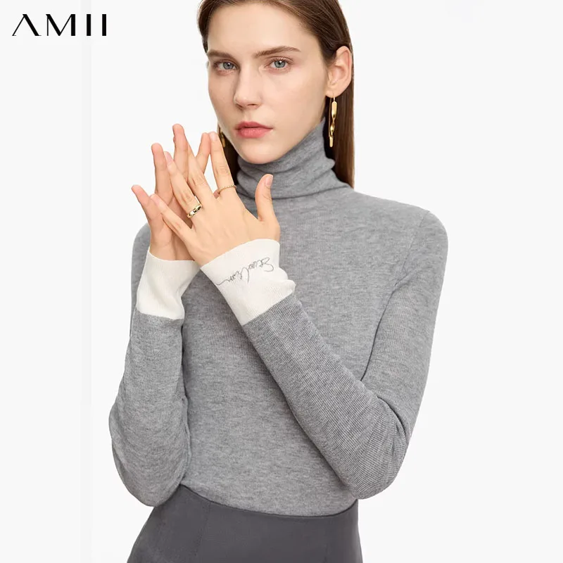 

AMII минималистичный модный женский свитер с высоким воротником 2025 года, осенние теплые тонкие свитера, пуловеры с длинными рукавами и низом 12323069