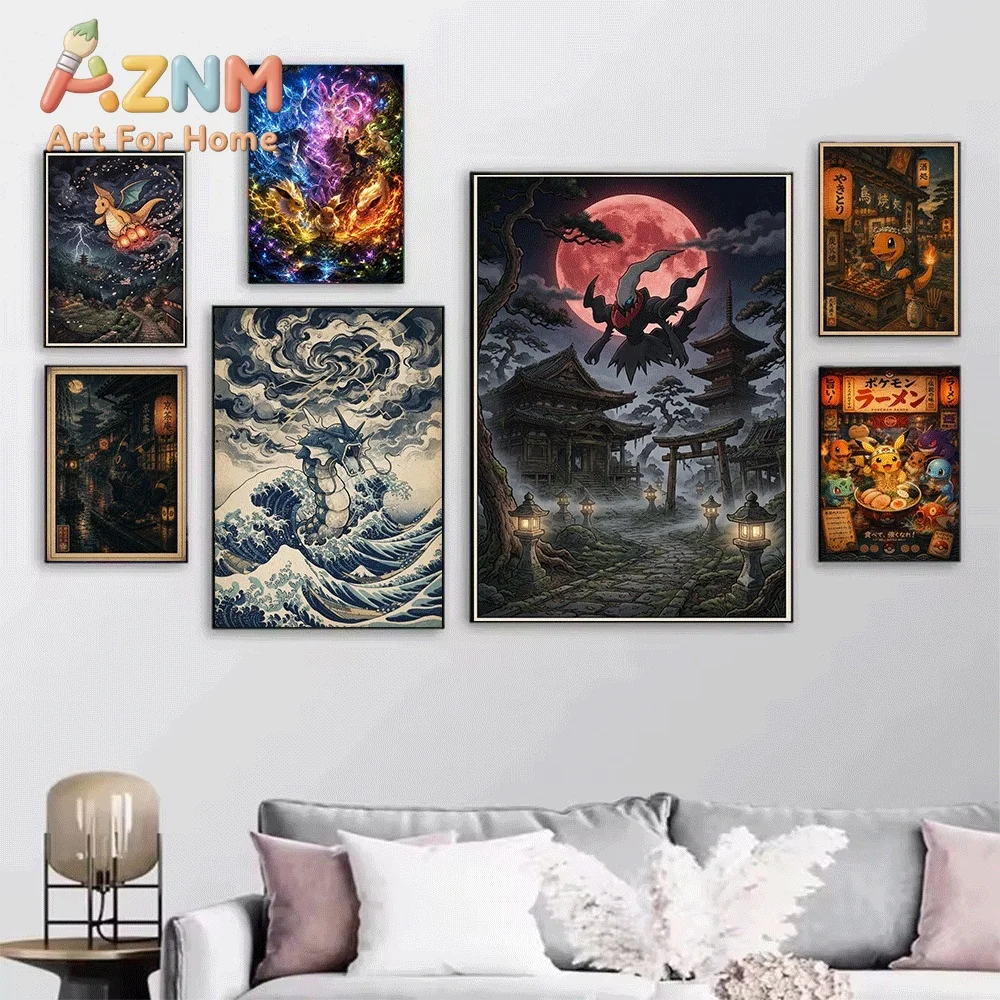 AZNM Pokemon Breakfast Japanese Vintage Style Canvas Wall Art Unframed Anime Monster Print Home Kids Bedroom Living Room Decor