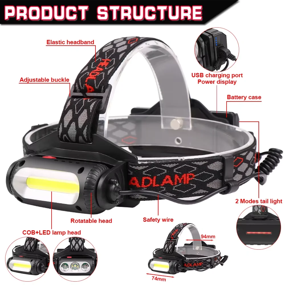 LED 회전 강력한 헤드 라이트, USB 충전식 회전 램프 거치대, 8 가지 조명 모드, COB 슈퍼 브라이트 방수, 10000 LM