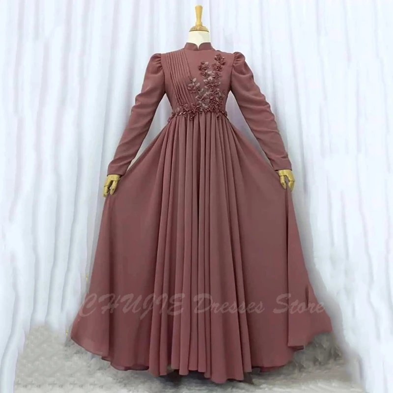 

Customized Made Women Robe Long Sleeve Party Dress Elegant High Neck Lace Applique Evening Dress Muslim Wedding Prom Dress 2025