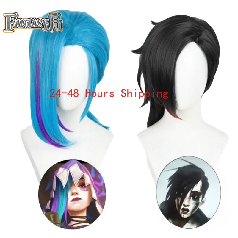 Anime LOL Arcane Temporada 2 Vi Jinx Cosplay peluca Vi 45cm pelo negro Jinx 45cm pelo azul pelucas cortas pelo sintético resistente al calor