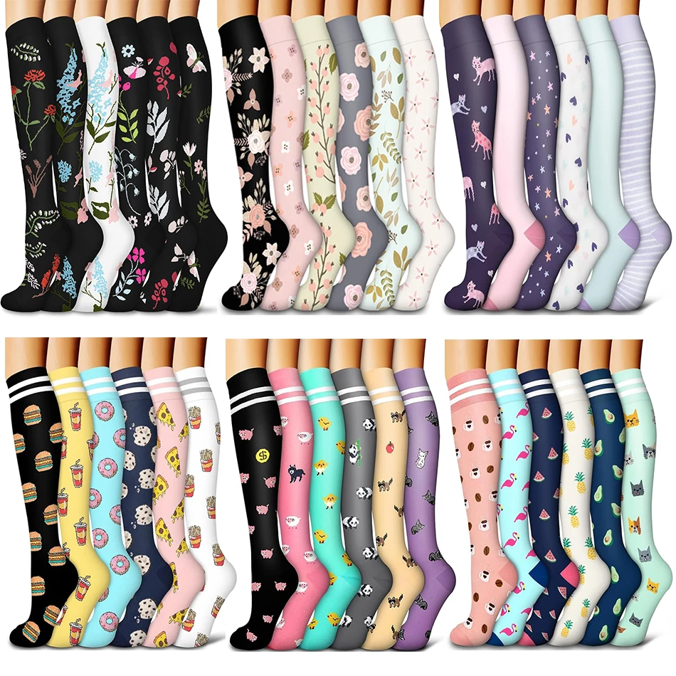 6 pairs of new floral pattern compression stockings sport professional ladies men's stockings edema varicose veins nurse compres