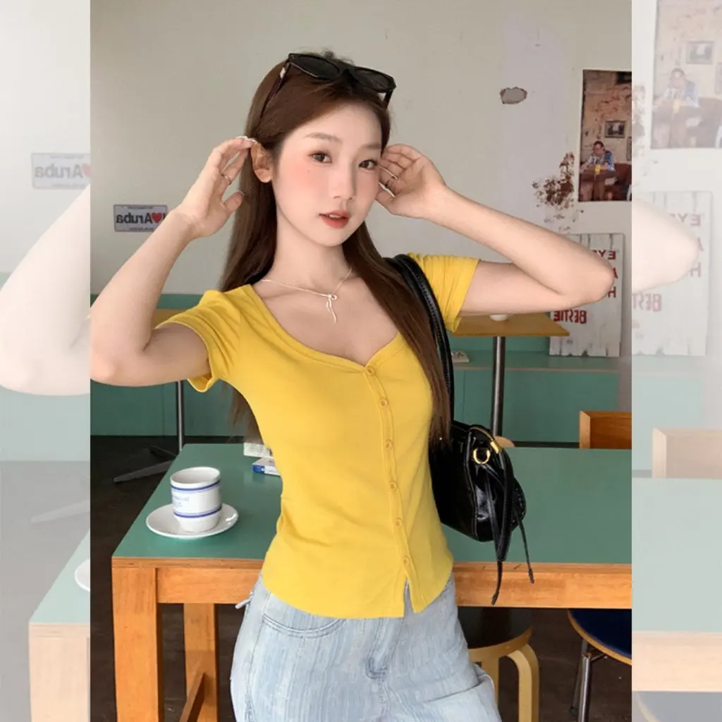

Women's Slim Fit Peach Heart Collar Short Sleeve T-Shirt Sexy American Style Summer Top