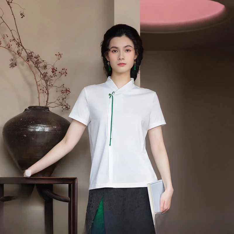 

New Women's Cotton Blend T-irt Simple Collar Multi-Color National Sle Spring Summer Faion ort Sve Basic Design
