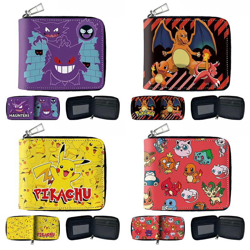 Potdemiel Anime Cartoon Pikachu Gengar Charmander Cartera Corta Redonda con Cremallera Diseño Genial