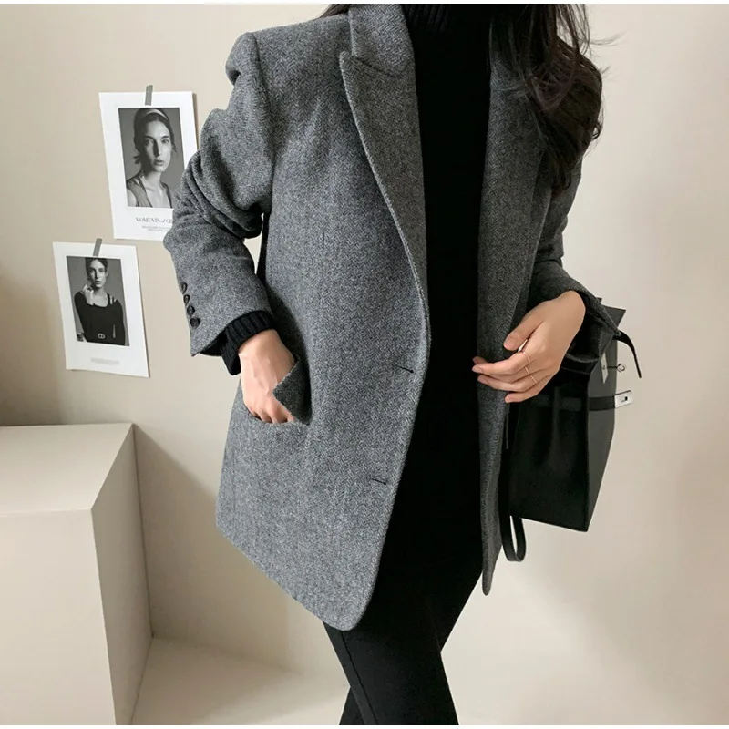 Wool Loose Women Blazer 2023 New Fashion Office Ladies Button Up Turn Down Collar Coats Vintage Long Sleeve Chic Jacket