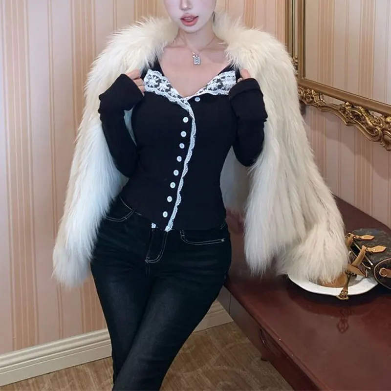 الخريف النمط الفرنسي الخامس الرقبة البلوفرات أنيق الدانتيل المرقعة الملابس النسائية بلون الأساسية ضئيلة هالة كم طويل تي شيرت