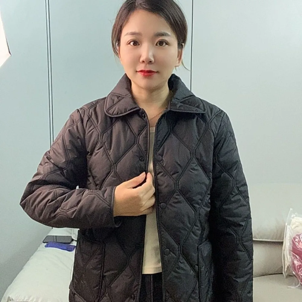 Rhomb Pattern Short Cotton Coat Warm Lining Big Pocket Light Jacket Turn-down Collar Double-sided Wearable Outwear Coat