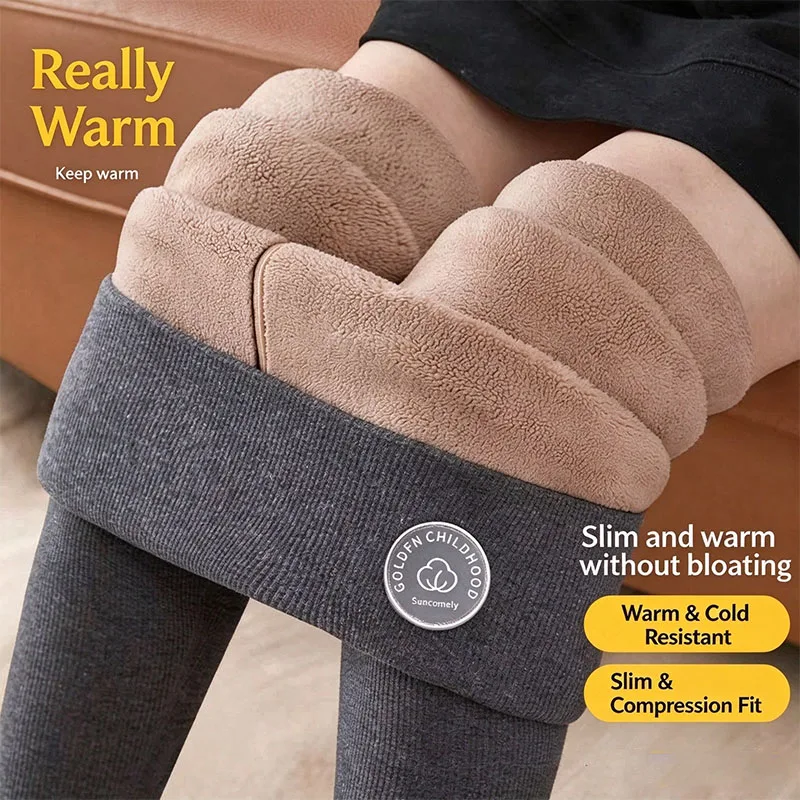 Thicken Fleece Keep Warm Leggings Women High Waist Knit Elastic Slim Plus Velvet Thermal Pants Out Wear Daily Thermal Leggings
