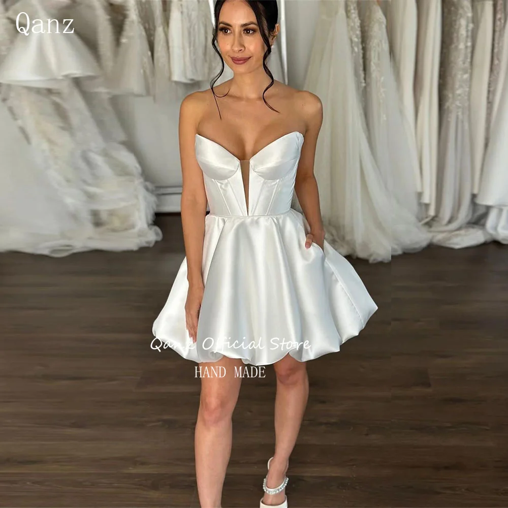 

Qanz Short A Line Party Dresses with Pocket Above Knee Lace Up Back Wedding Dress Strapless Mini Robe De Mariée Bridal Gowns