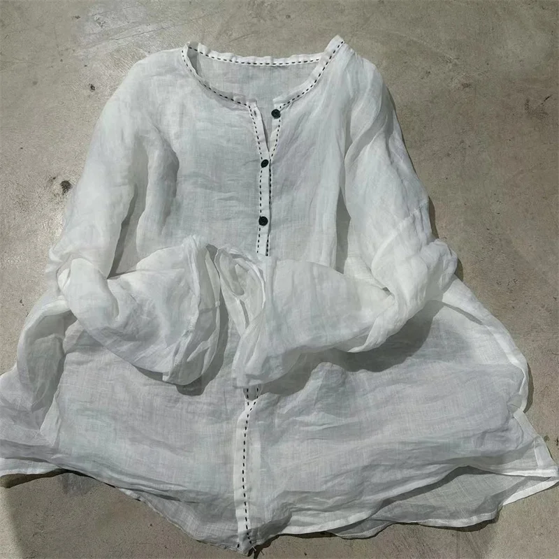 Camicetta in ramie letteraria sottile primavera autunno donna o collo manica lunga top ampio camicia lunga monopetto vintage morbida