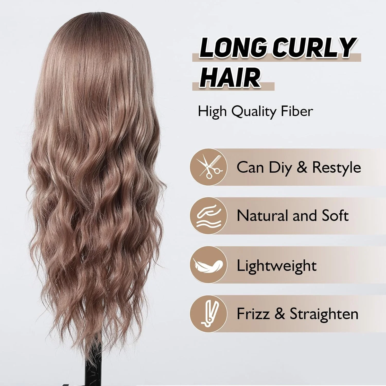 Long Wavy Wig Rose Blonde Wigs for Women 26 Inch Brown Curly Wigs with Bangs Synthetic Heat Resistant Fiber Wigs for Daily Party