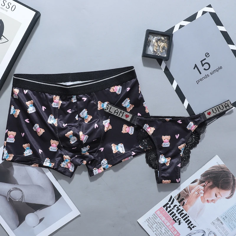 New Two Piece Underwear Set Matching Underwear Couple Men Boxer Shorts and Women Sexy Briefs Fashion Cartoon Print Underpants