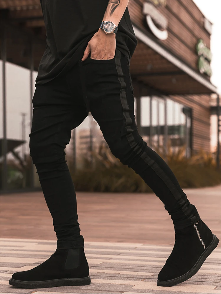 Jeans skinny para homens, streetwear, calça lápis, lado motociclista, listrado, hip hop, slim fit, jeans elásticos