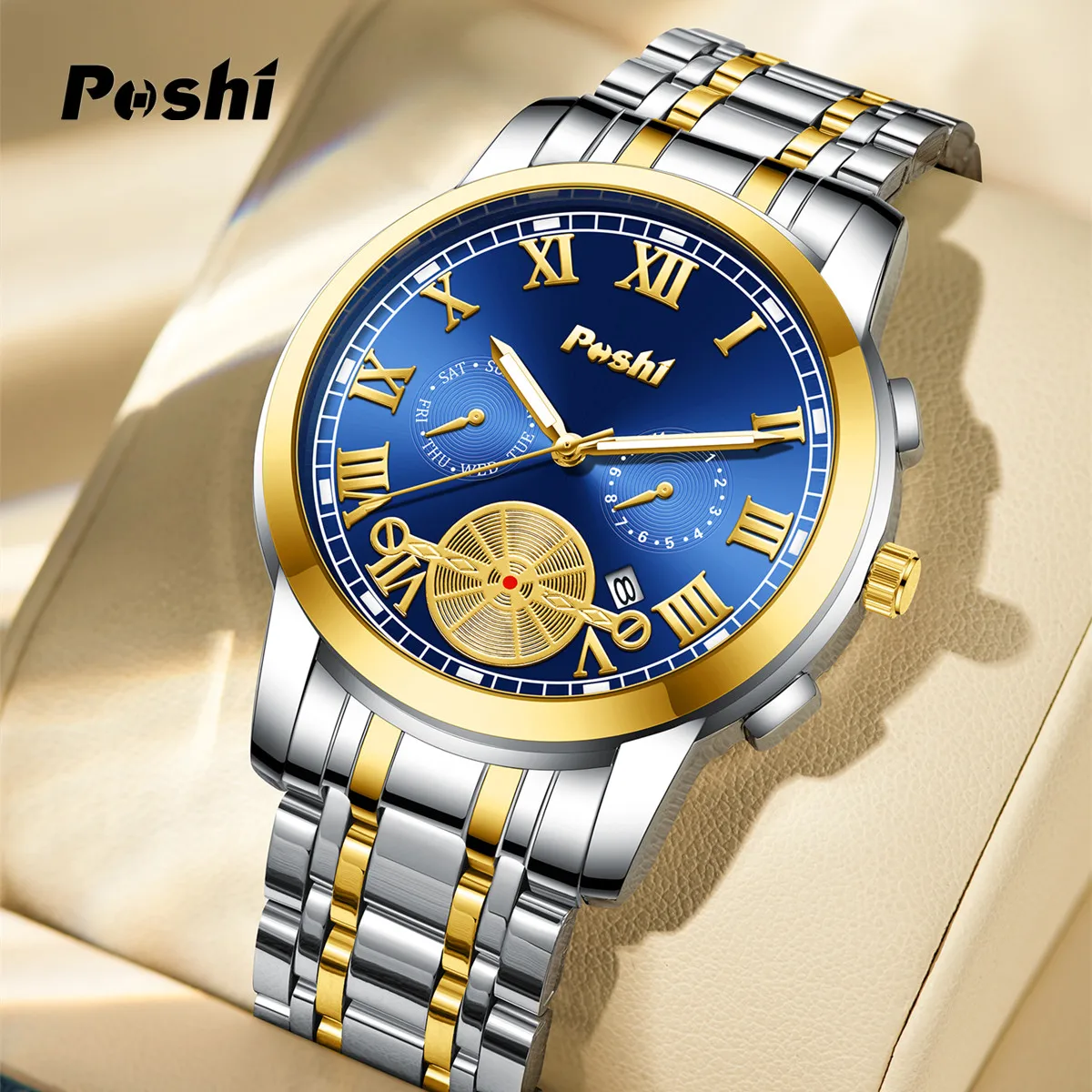 POSHI 905 Luxury Man Wristwatch Waterproof Date Watch for Men Stainless Steel Men\'s Quartz Watches reloj hombre with Box