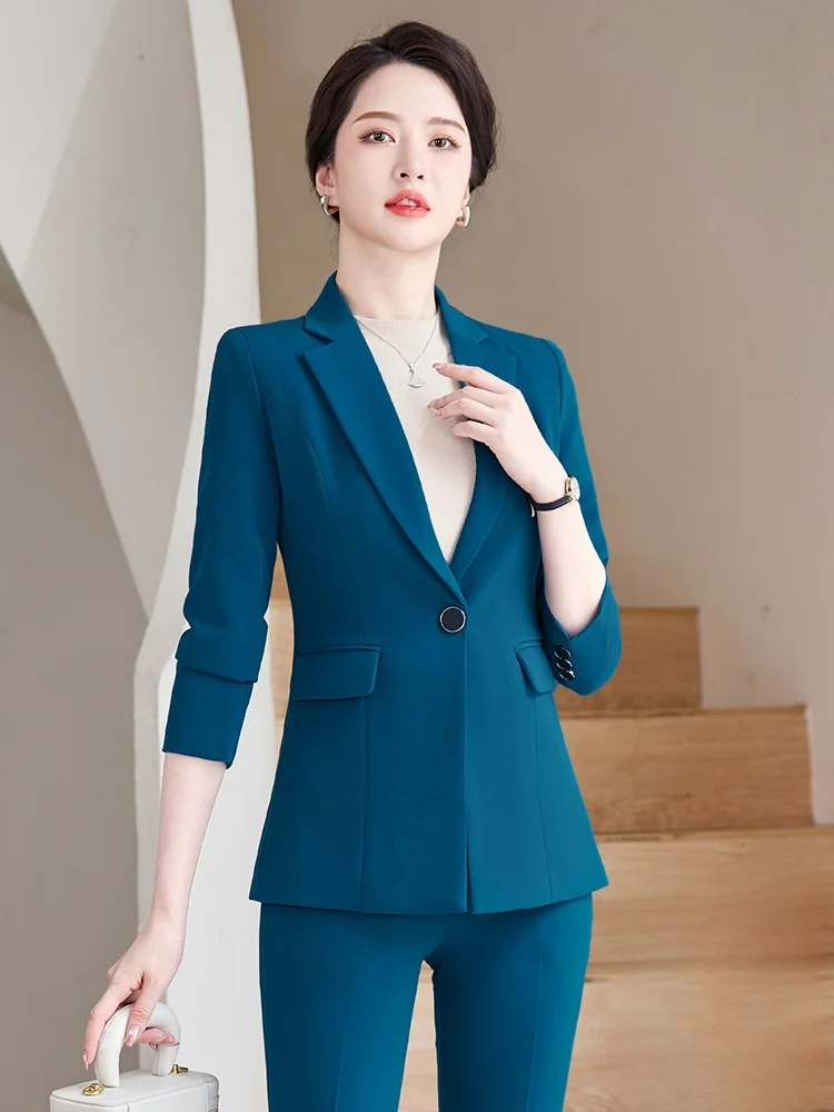 Peacock Blue Women's Suit Set Managerial Elegant Professional High-End Career Women's  Jacket Commute Interview Work