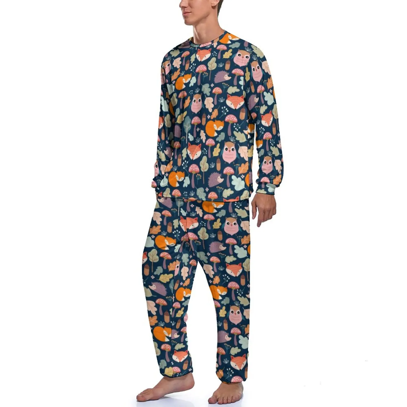 Owl Fox Print Pajamas Cute Fall Forest Print Mens Long-Sleeve Warm Pajama Sets 2 Piece Casual Daily Graphic Sleepwear Gift Idea