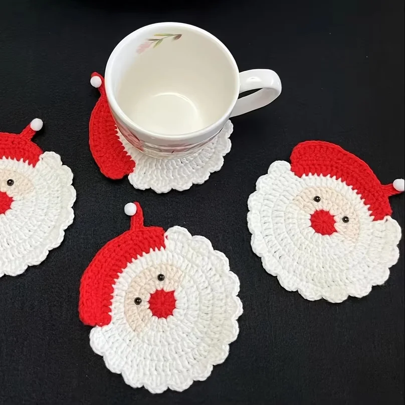 Handmade Crochet Santa Claus Coaster - Festive Red & White Christmas Decor, Drink Coaster for Holiday Table Setting