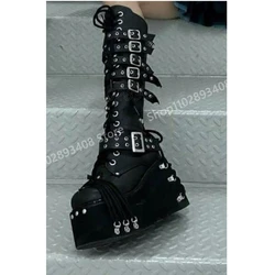 Black Hollow Rivets Cool Mid Calf Boots Punk Style Wedges High Heel Belts Sexy Strappy Punk Women Shoes 2025 Autumn Para Mujere
