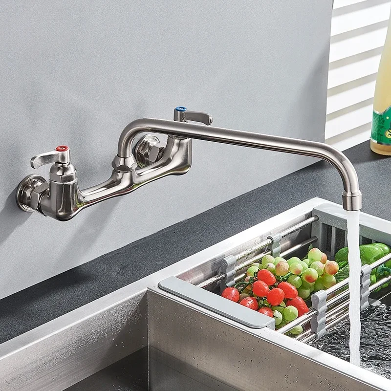 Wall Mounted Long Spout Kitchen Sink Faucet Dual Handle Brushed Nickel Bathroom Kitchen Mixers Rotate Long Nose Hot Cold Taps