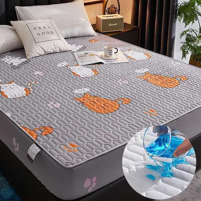 Cartoon Quilting Waterproof Fitted Sheet Cute Printed Padded Mattress Protector Skin-Friendly Non-Slip Mat with Elastic Band
