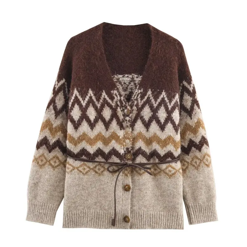 Cardigan de malha com cinto jacquard feminino com efeito desbotado conjunto de saia midi de malha escritório viajante workwear moda estilo elegante