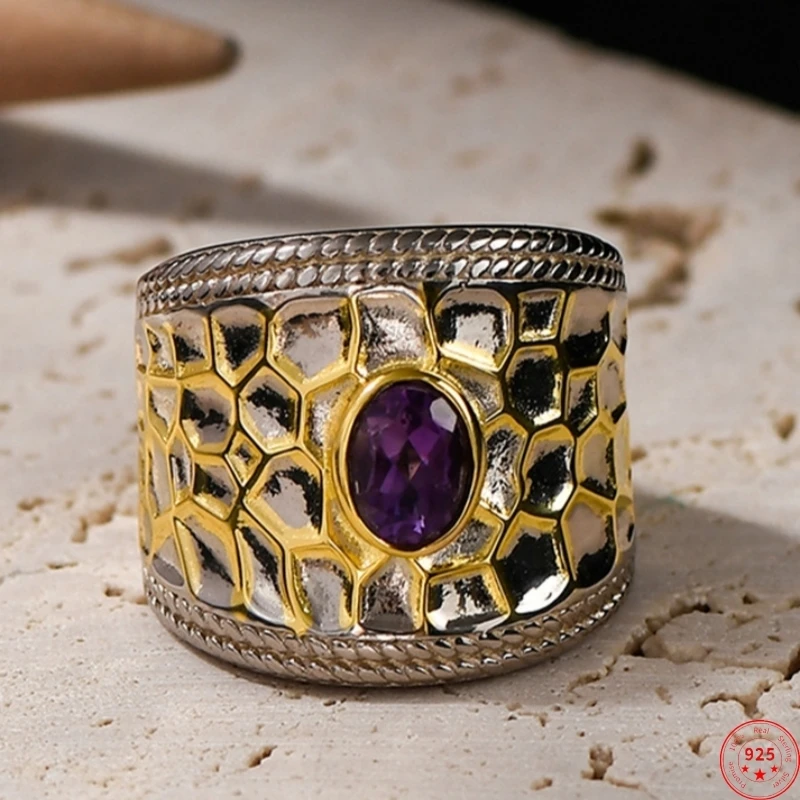 

S925 Sterling Silver Rings for Women Men New Fashion Ancient Palace Style Mesh Pattern Amethyst Wide Punk Jewelry Free Shipping