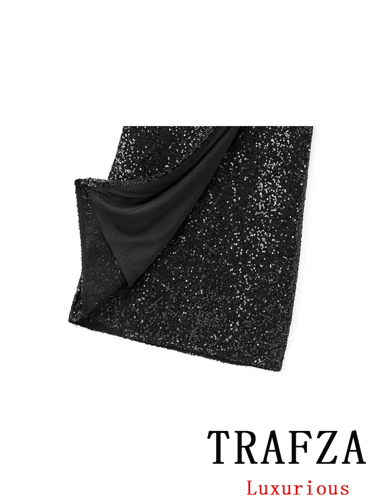 TRAFZA Vintage Casual Chic Women Skirt Sequined Bow Lace-up Long Wrap Skirt New Fashion 2024 Autumn Winter Holiday Party Skirts