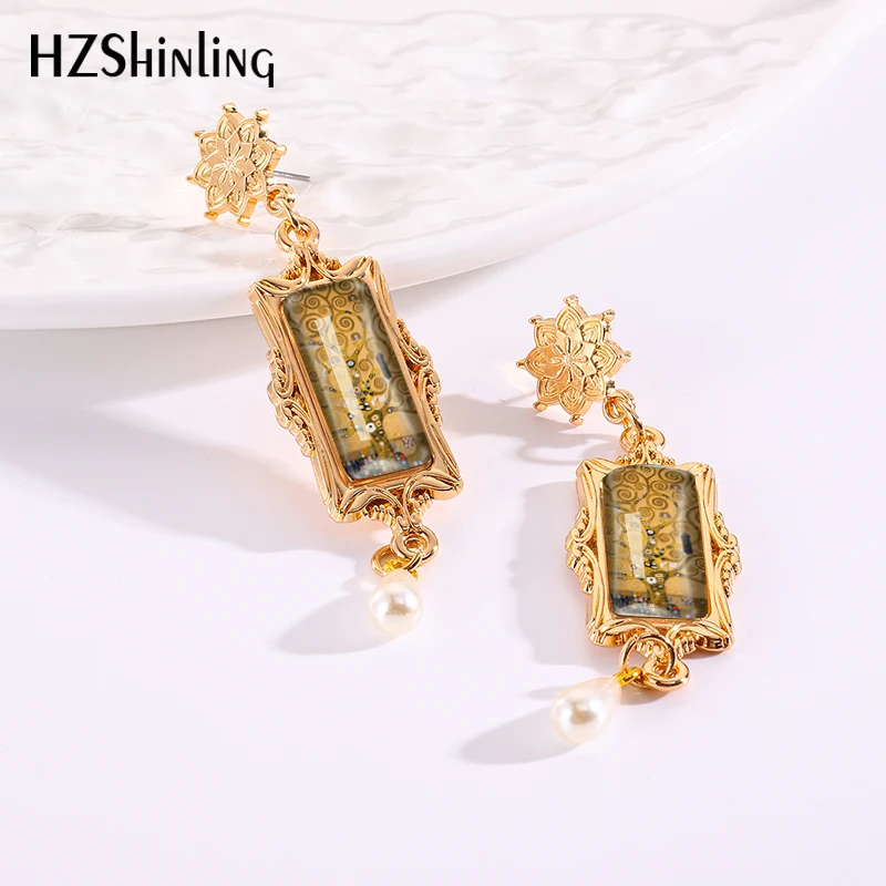 2024 New Gustav Klimt Art Drop Earring Golden Tears Retro Rectangular Earrings Golden Mandala Charm Glass Cabochon Jewelry