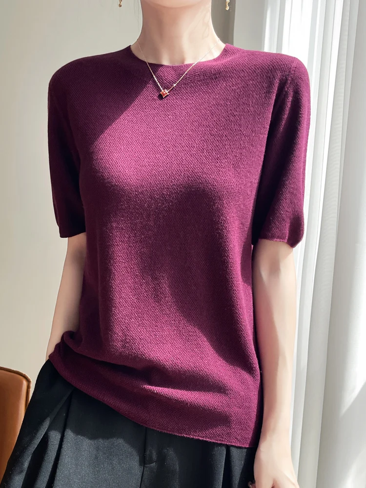 عادية الصيف النساء تي شيرت الحرير س الرقبة الصلبة الإناث بلوفر مغزول نصف كم رقيقة الملابس بلايز الأساسية تيز لينة ملابس خارجية