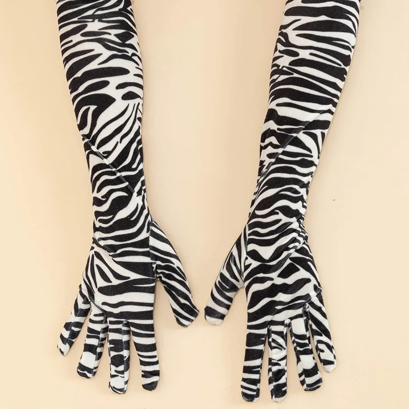 Fashion Zebra Print Gold Velvet Party Opera Dinner Dress Gloves Elastic Driving Mittens Women Full Finger Long Arm Sleeves S104