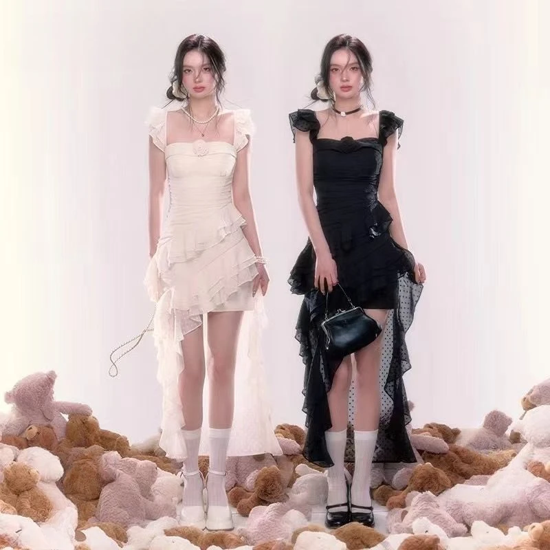 فستان نسائي بكتف مائل بلا أكمام ، فستان أنيق من قطعة واحدة ، فستان فرنسي ضيق ، كاجوال ، حفلة مسائية ، موضة كورية ، صيف