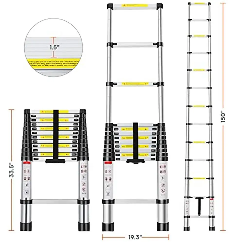 12.5FT Aluminum Telescoping Ladder Folding Portable Multi-Purpose Indoor Outdoor Work Stable Locking Mechanism Rubber Feet