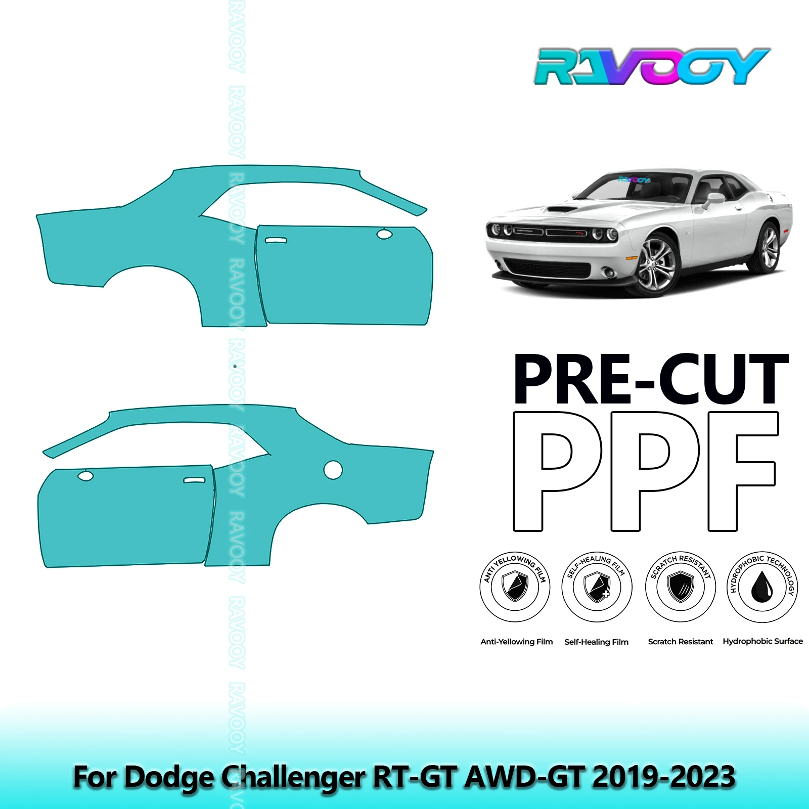 

For Dodge Challenger RT-GT AWD-GT 2019-2023 8.5mil Clear Matte Pre-Cut PPF Door & A/B Pillar Kit TPU Paint Protection Film Set